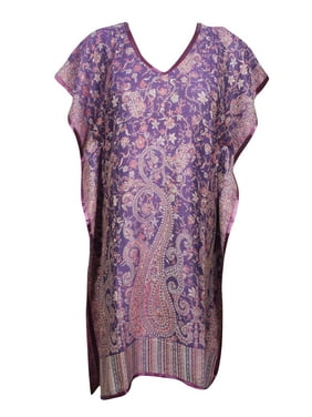 Mogul Women Kaftan Short Dress Purple Pashmina Caftan Kaftan Dress Beach Cover Up Woolen Comfy Short Caftan ML