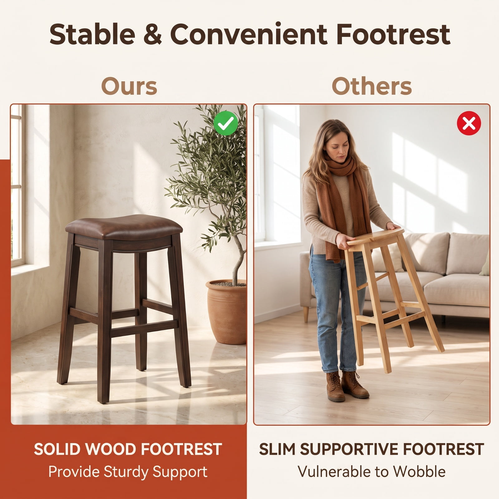 Furnibear Set of 2 Bar Chairs with Hollowed Back and Rubber Wood Legs in Brown