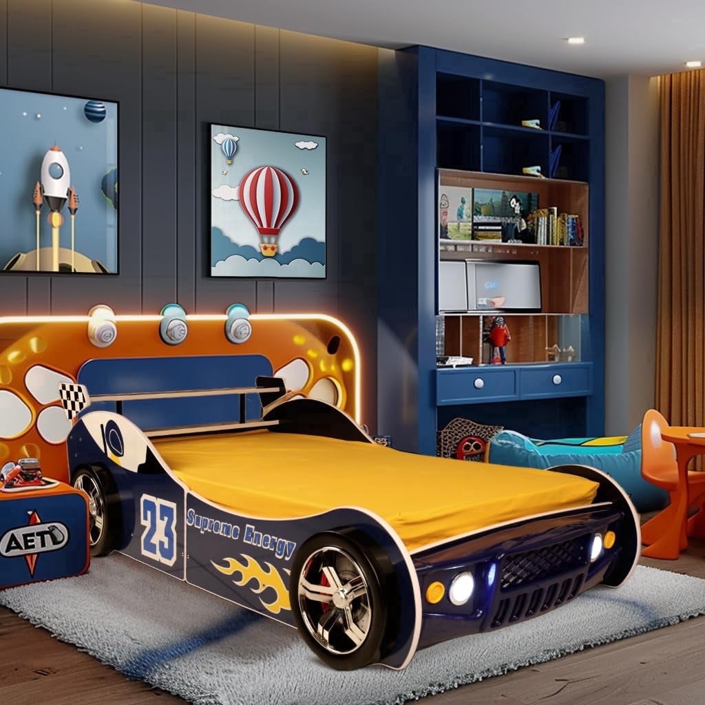 BFJDM Twin-Size Car Bed for Kids, Race Car-Shaped Wooden Platform Bed Frame with Headboard, Wheels for Boys, Toddlers, and Children's Bedrooms Blue