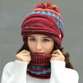 thumbnail image 5 of D-GROEE 3Pcs Womens Girls Multicolor Knit Beanie Scarf Mask Set Soft Warm Woolen Yarn Lined Winter Ski Hat with Pompom, 5 of 7