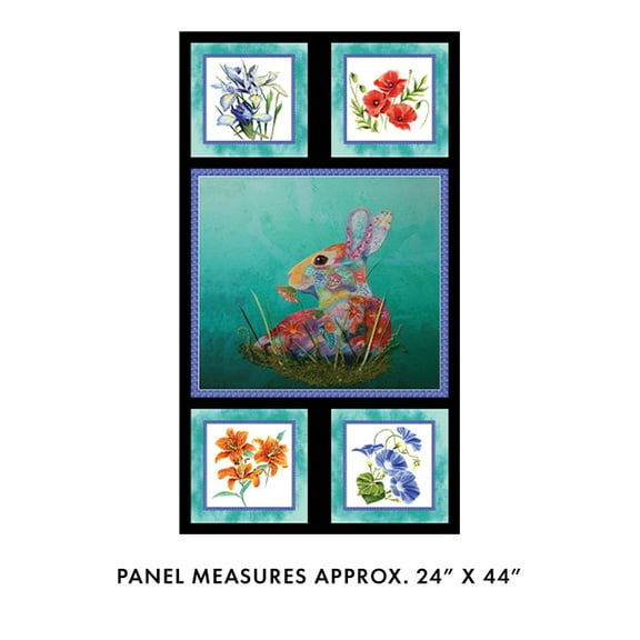 24" X 44" Panel Bunny in Bloom A Painted Garden Flowers Rabbit Springtime Cotton Fabric Panel (13395)