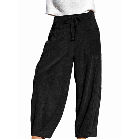 Women'S Corduroy Pants Baggy Wide Leg Pants Casual Elastic Waisted Palazzo Harem Pants with Pockets Black XL