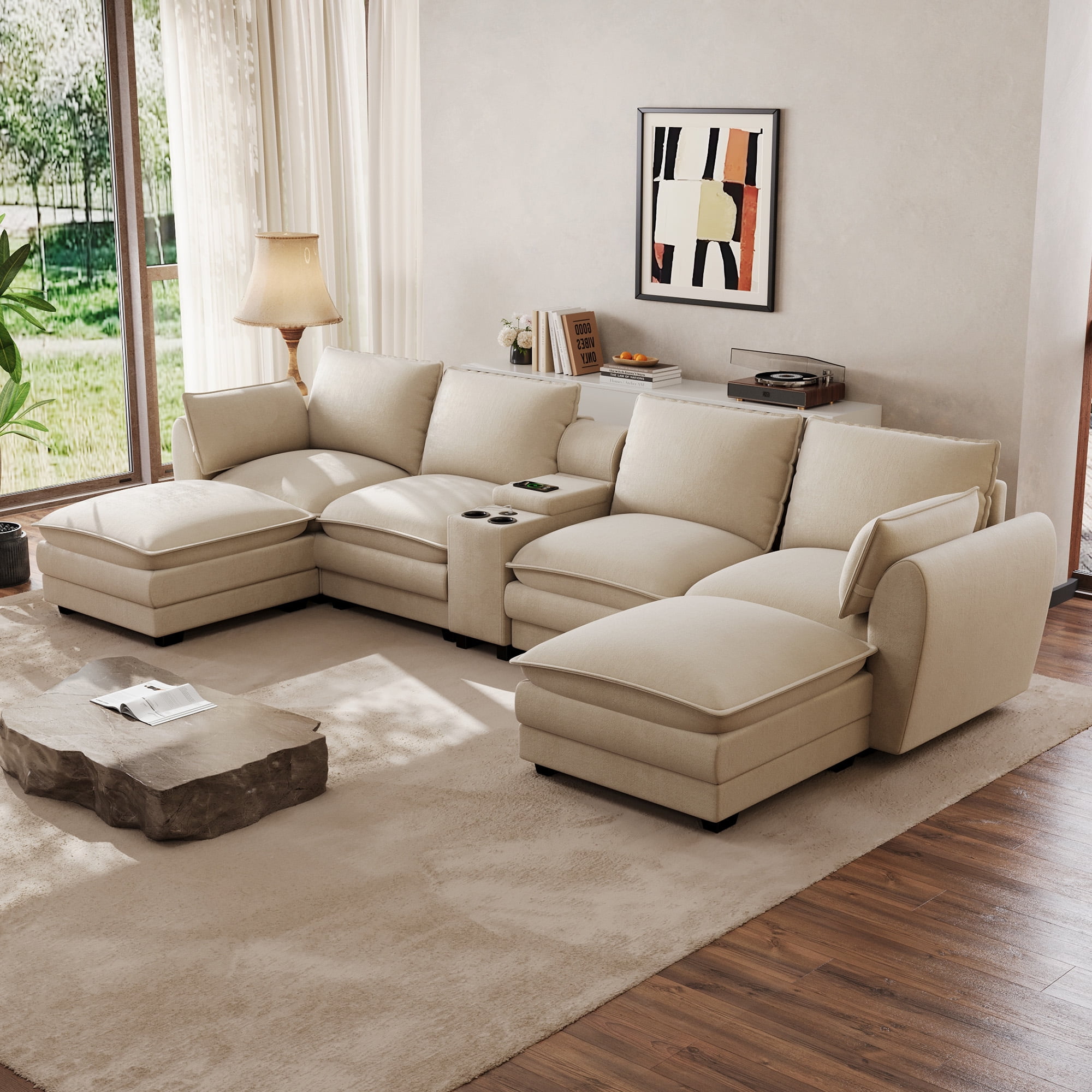 Wiilayok 145" U Shaped Cloud Couch Modular Sectional Sofa for Living Room,Modern Chenille Deep Seat Modular Couch with two Movable Ottoman,Central Console w/ Dual USB Ports,Cup Holder,Light Brown