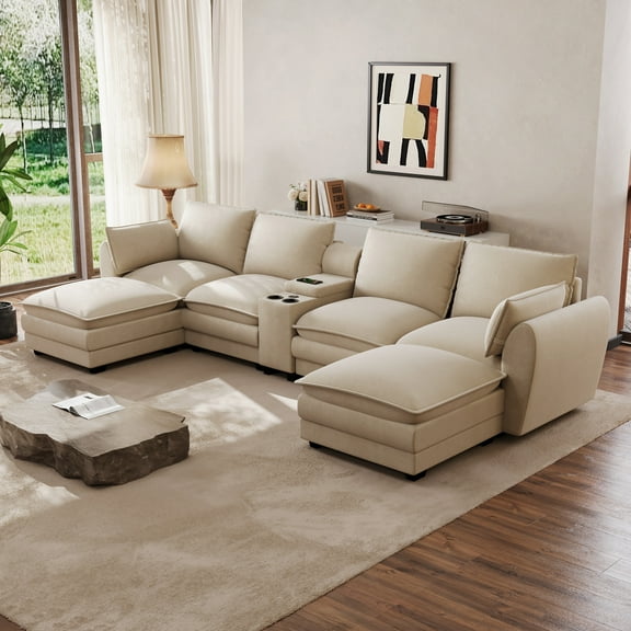 Wiilayok 145" U Shaped Cloud Couch Modular Sectional Sofa for Living Room,Modern Chenille Deep Seat Modular Couch with two Movable Ottoman,Central Console w/ Dual USB Ports,Cup Holder,Light Brown
