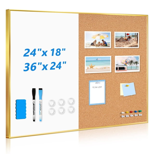 QUEENLINK White Board Cork Board Combo, 36'' x 24'', Magnetic Dry Erase Board and Pin Board for Wall, Gold Aluminum Frame Bulletin Board for Home Off