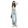thumbnail image 5 of Pantalones vaqueros rasgados para mujer, novedad de verano 2023, azul claro, rosa, marca de cuero, cintura alta, piernas anchas, pantalones ajustados drapeados, 5 of 5