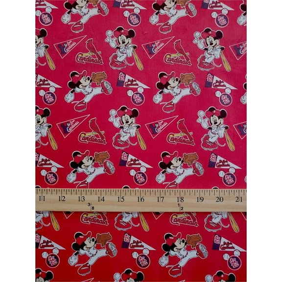 100% Cotton Fabric "MLB Mickey Mouse, Baseball - St Cardinals" Print / 45" Wide