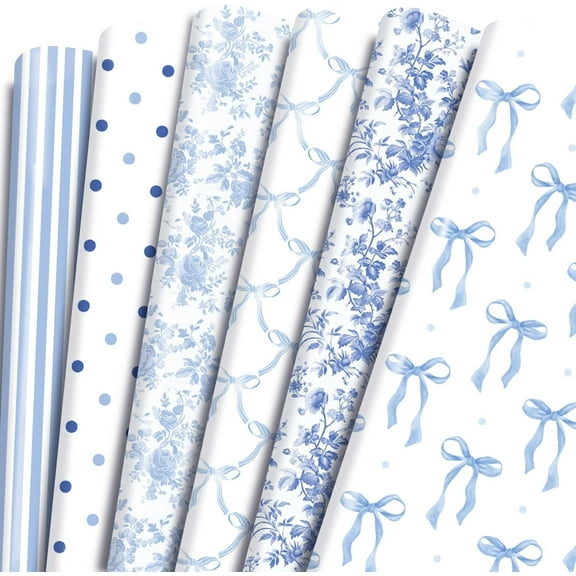 Blue Bow Gift Wrapping Paper - 12 Pcs Cute Bow Chinoiserie Art Design Gifts Wrap Paper For Valentine'S Day Boy Birthday Bachelorette Party Baby Shower Wedding Holiday