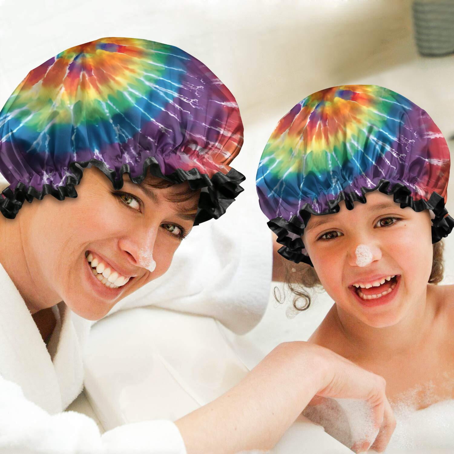 Shower Caps,Colorful Tie Dye Pattern Waterproof Shower Cap for Women 4 Pieces,Double Reusable Hair Cover for Shower PEVA Elastic Stretch Hem