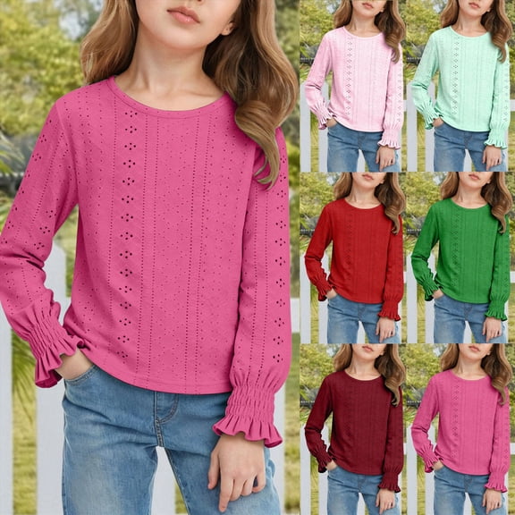 14-16 Years Long Sleeve Shirts For Girls Casual Basic Top For Girls Smocked Cuffs Girls Sweatshirts Back To School Outfits For Teen Girls Girl Tops Size 14-16
