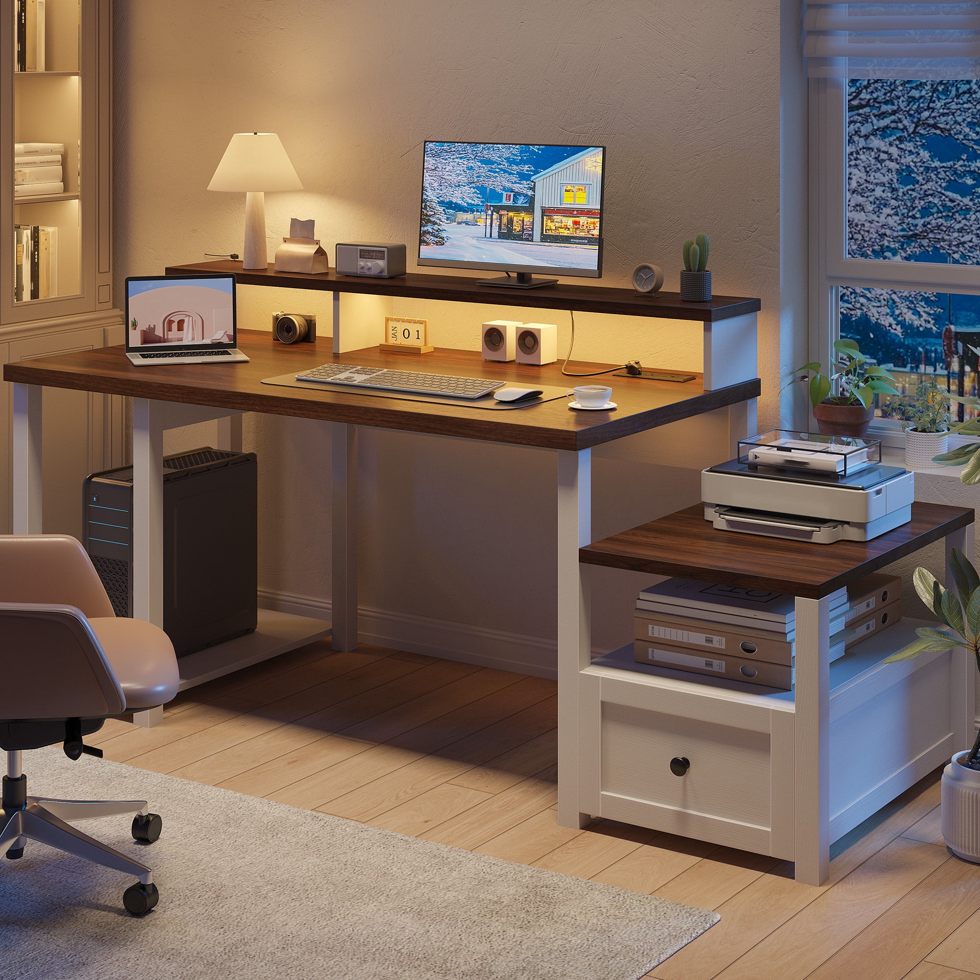 Romorgniz 60" Computer Desk Office Desk with Monitor Stand Home Office Desk with Drawers & 4 Open Storage Shelves Executive Desk with Power Outlets & LED Light for Working Writing, Brown&White