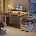 thumbnail image 3 of Romorgniz 60" Computer Desk Office Desk with Monitor Stand Home Office Desk with Drawers & 4 Open Storage Shelves Executive Desk with Power Outlets & LED Light for Working Writing, Brown&White, 3 of 7