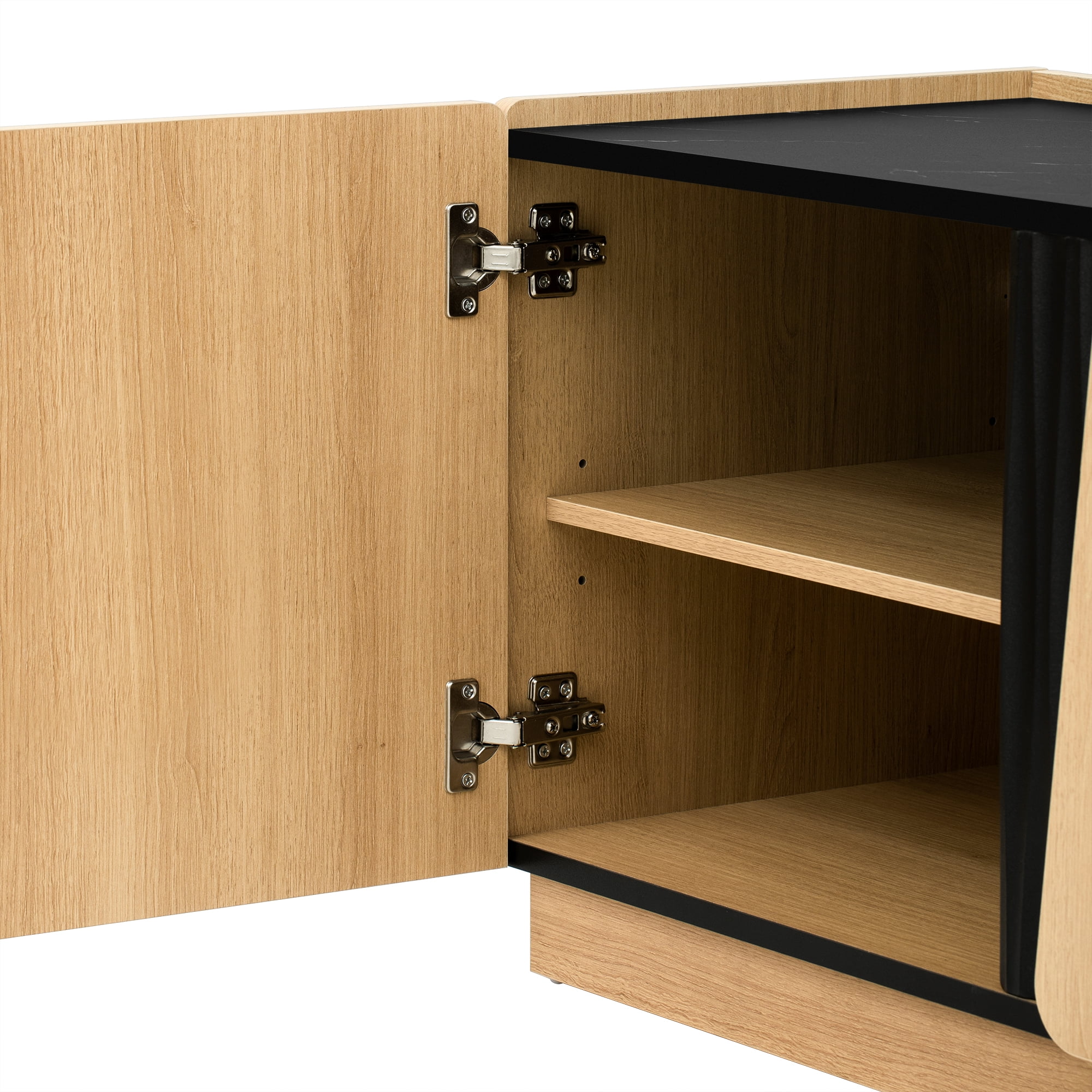 Modern Storage Cabinet with Rounded Corners and Marble Contrast Top, 75-Inch TV Stand with Adjustable Shelves for Living Room, Oak