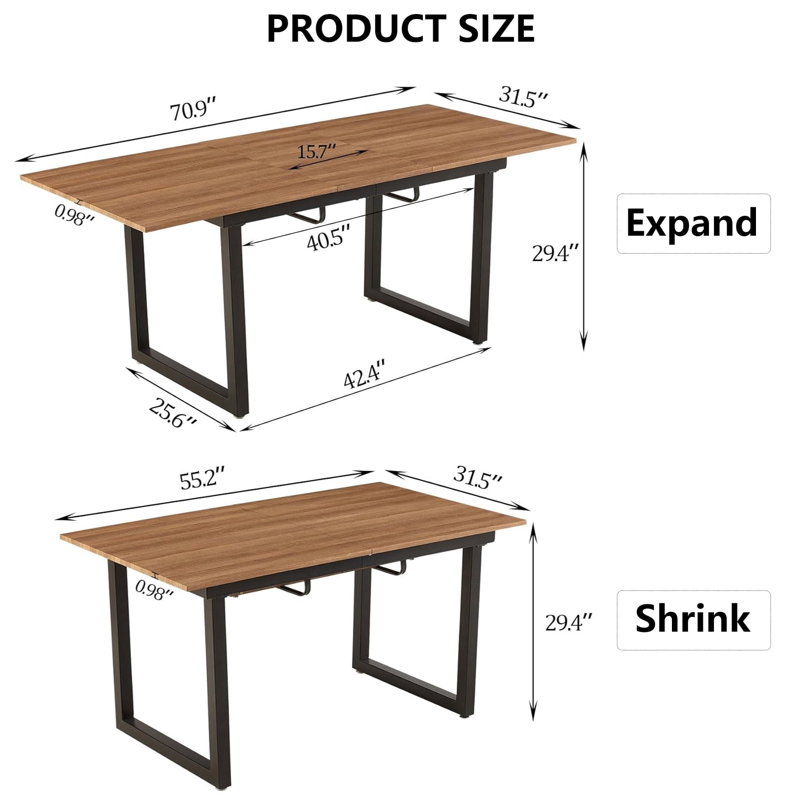 Lecut Extendable Dining Table for 4-8 Person, Extendable from 55" to 71", Modern Rectangle Dining Table with MDF Tabletop and Metal Frame, Expanding Kitchen Table for Home, Office,Brown