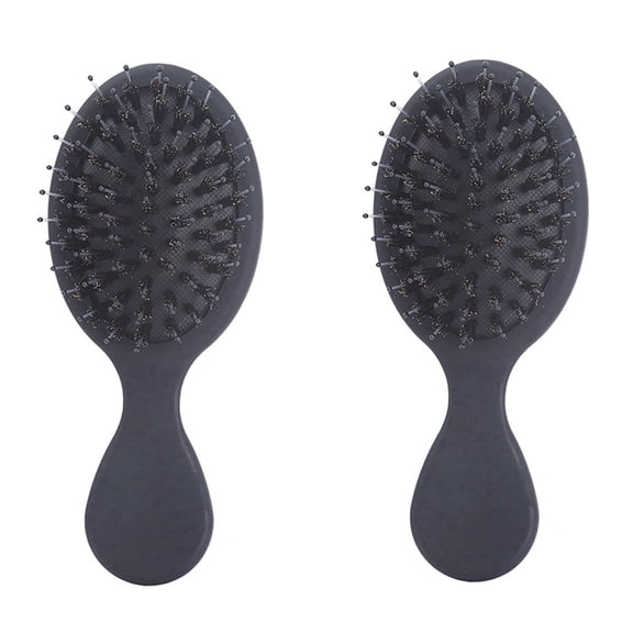 OPALESQUE 2PCS Mini Boar Bristle Hair Brush - Boar & Nylon Bristle Small Brush for Women Kids Long Short Hair to Smooth Add Shine - Travel Size Hair Brush for Purse,Pocket, Black