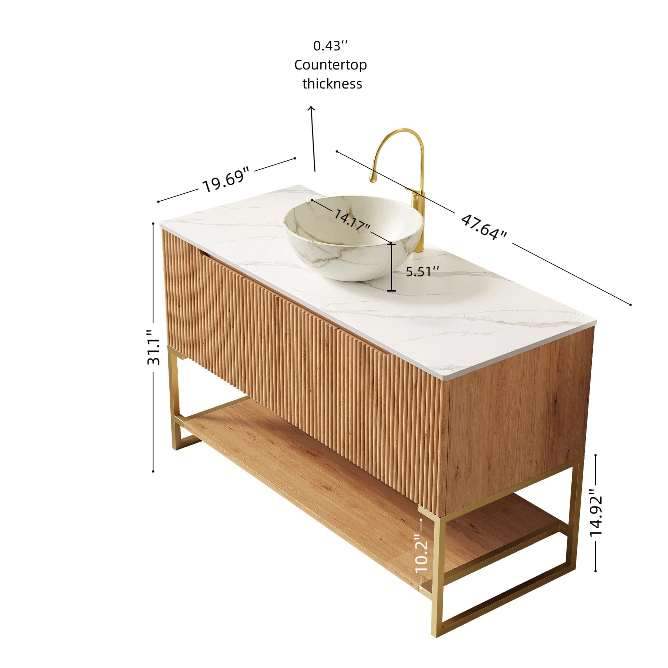 Noble House Tulio 48" Freestanding Bathroom Vanity with Sintered Stone Countertop, Stone Bowl Ceramic Basin, Oak