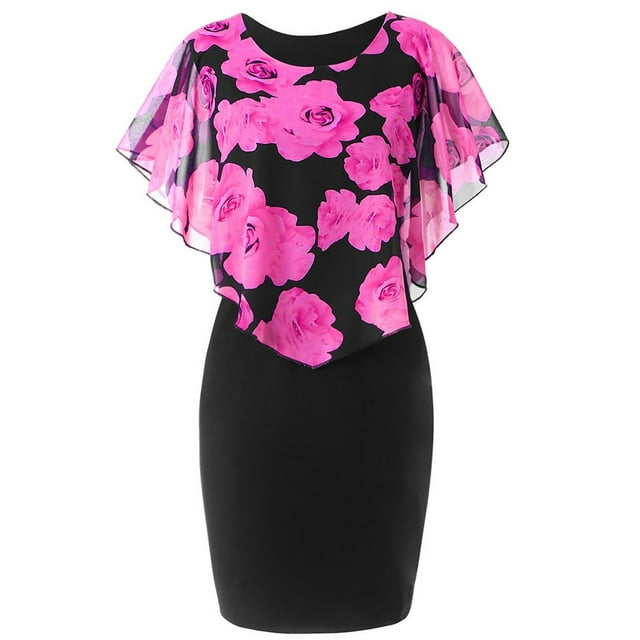 QIPOPIQ Dresses for Women 2023 Plus Size A-line Round Neck Floral Solid ...