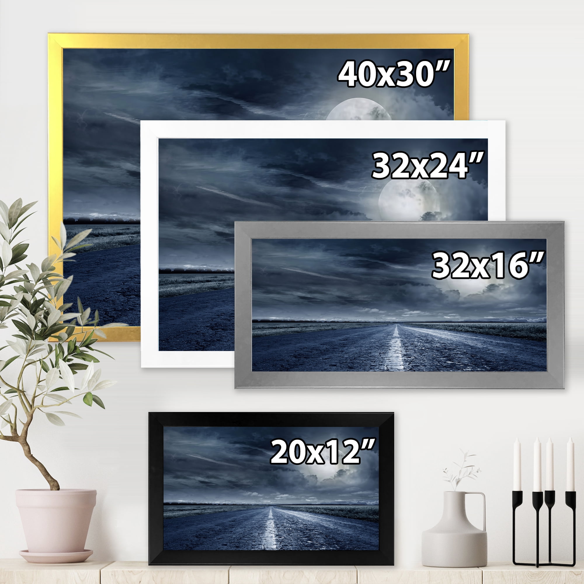 Designart 'Cloudy Full Moon Over Asphalt Road II' Nautical & Coastal Framed Art Print
