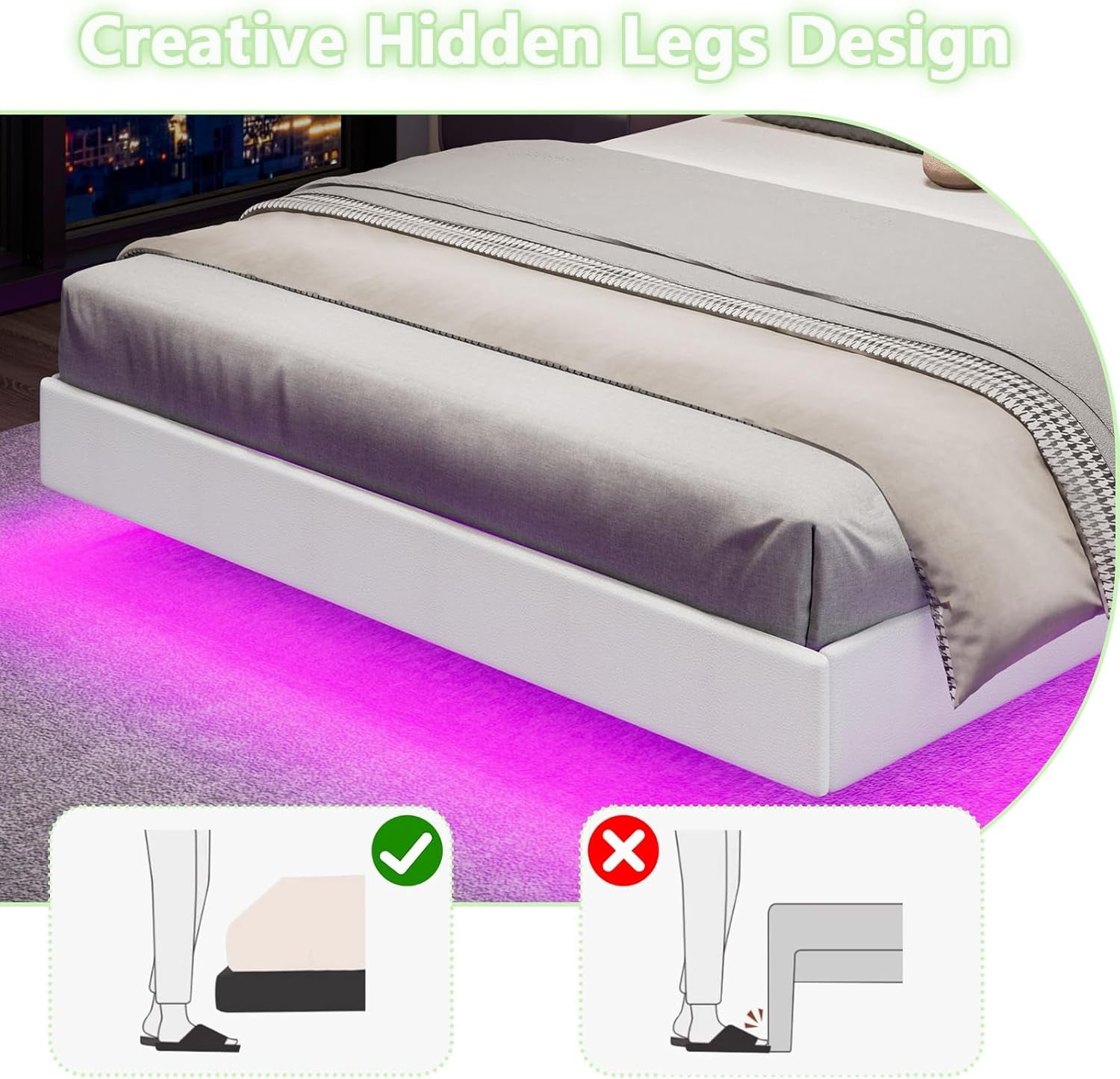 4 EVER WINNER Full Size LED Bed Frame, Full Floating Bed Frame with LED Light, White Bed Frame with Headboard, White