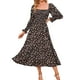 thumbnail image 1 of Vestido largo de mujer Vestido fruncido con cuello cuadrado Vestido de manga larga con estampado floral Vestido con dobladillo con volantes Negro M, 1 of 6