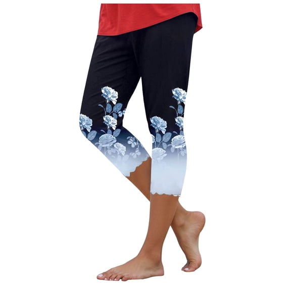 felwors Capri Leggings for Women Summer Floral Printed Plus Size Capris High Waist Knee Length Slim Fit Yoga Cropped Legging Blue, L