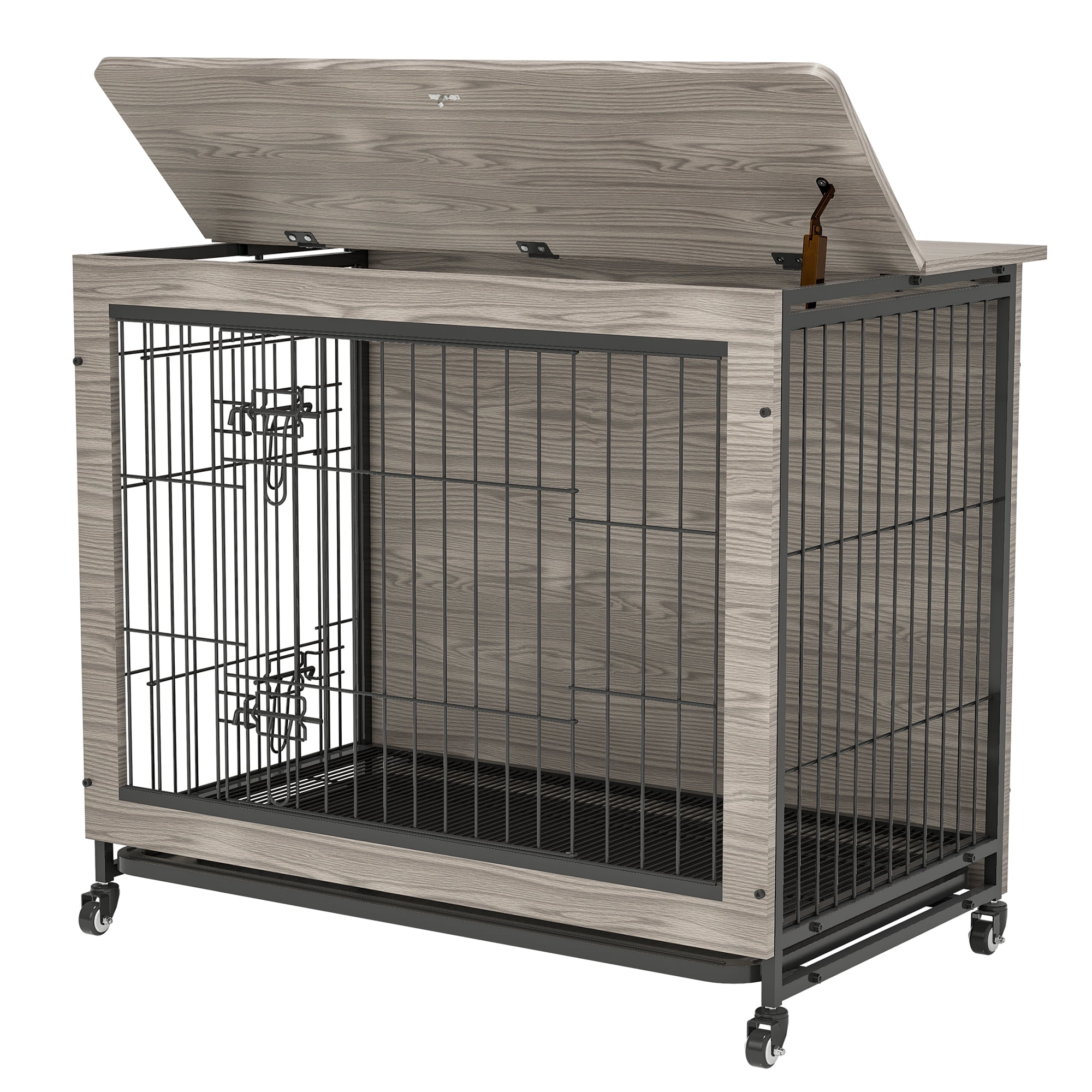 Pefilos 38.3" Double-Doors Dog Crate with Cushion, Indoor Wooden Dog Cage Furniture, Dog House Kennel for Small Dogs, Gray Pefilos 38.3" Double-Doors Dog Crate with Cushion, Indoor Wooden Dog Cage Furniture, Dog House Kennel for Small Dogs, Gray