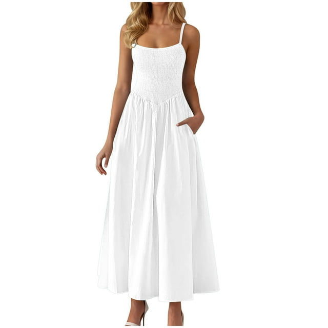 Amzcrzy Robes pour Femmes Couleur Unie Bretelles Spaghetti Robe d'Été Décontractée Col Rond Sans Manches Robes Soleil pour Femmes Tendance à Étages Fluide Robes Maxi avec Poches