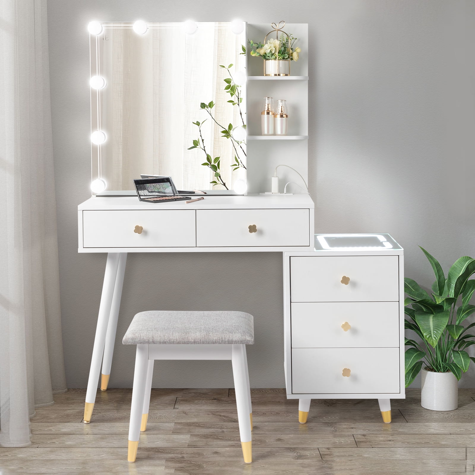 Ktaxon 3 Color Lighted Vanity Table Set, Makeup Table with LED Nightstand, Dressing Table with USB Charging Station, for Women, Female Bedroom, White