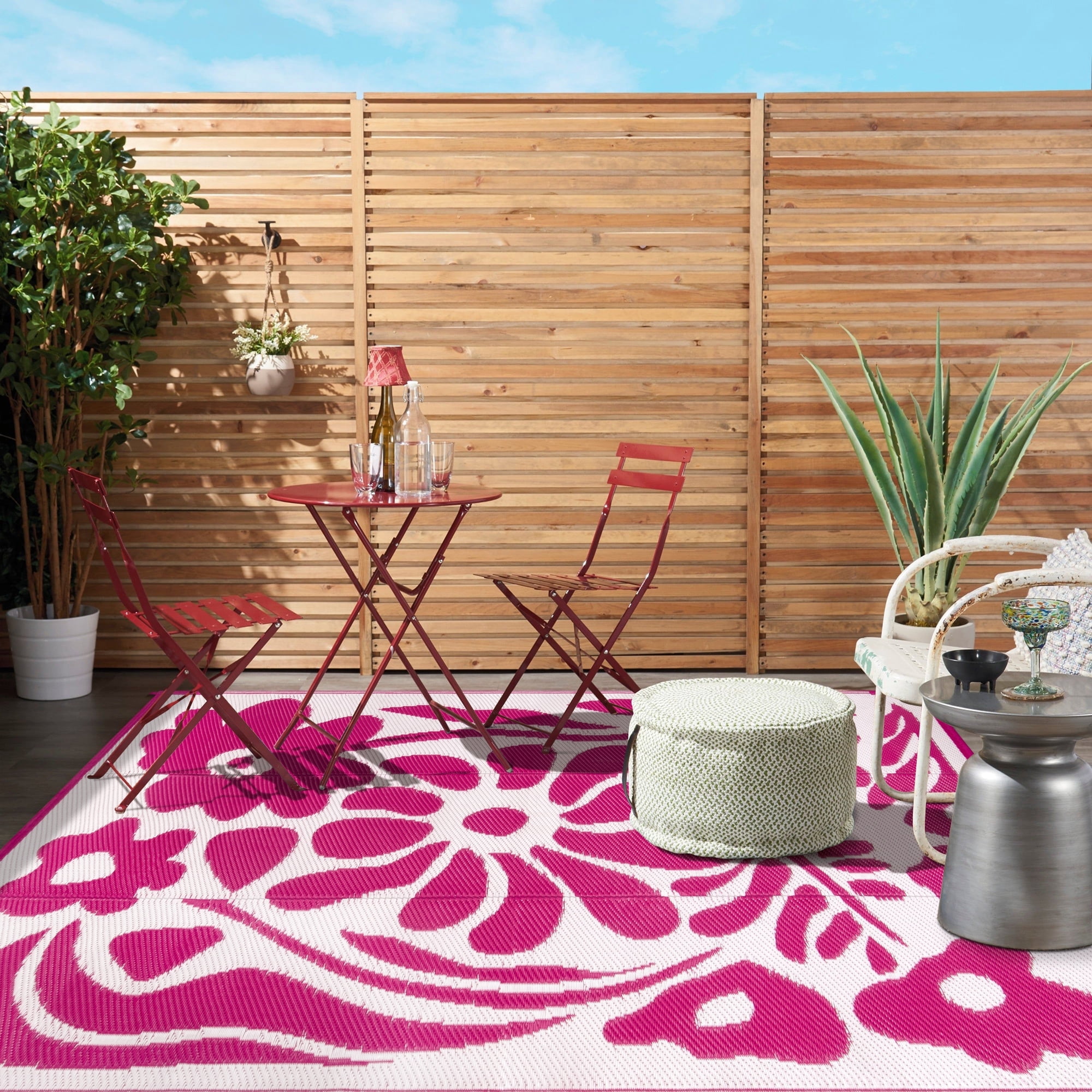 Wonnitar 5x8 Waterproof Outdoor Rugs, Plastic Straw RV Rug for Outside, Portable RV Outdoor Rugs for Camping, Pink Floral Picnic Carpet for Patio Garden
