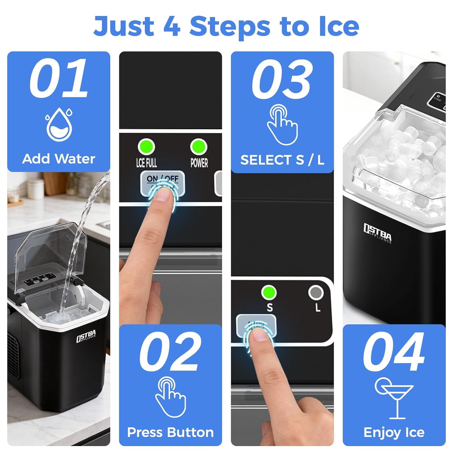 OSTBA Fast Ice Countertop Ice Maker with Dual Size Bullet Ice, 9 Cubes in 6 Minutes, 26 lbs per Day, Self-Cleaning Portable Ice Machine with Carry Handle for Home, RV & Party