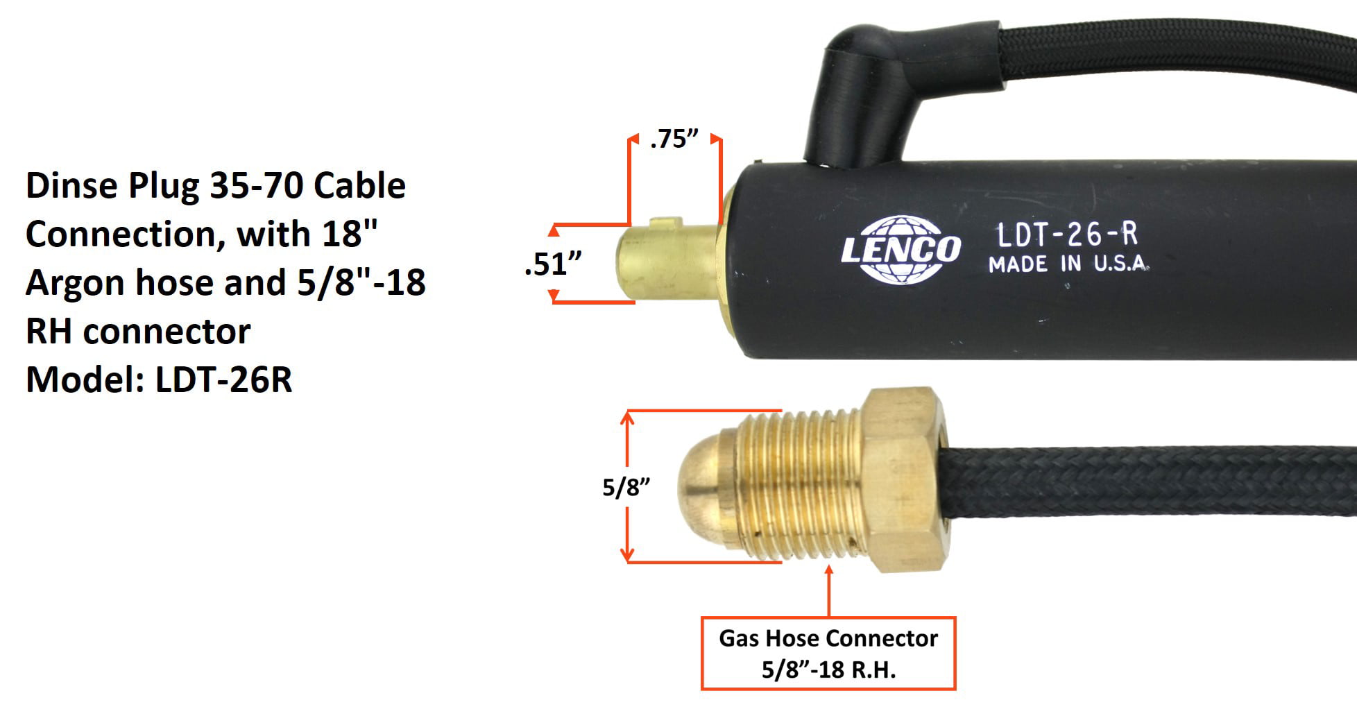 12.5 feet 1-Piece Cable INLINE Gas Dinse 35-70 Connector - Air Cooled 200 Amp TIG Torch 26 Series Welders with Gas Solenoid 