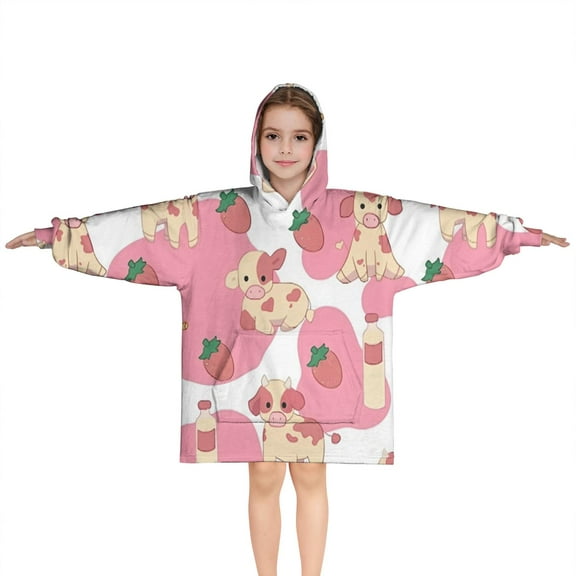 Pink Cow and Strawberry Print Blanket Hoodies for Kids 6-13YR Oversize Wearable Blanket Hoodies for Boys Girls Teens