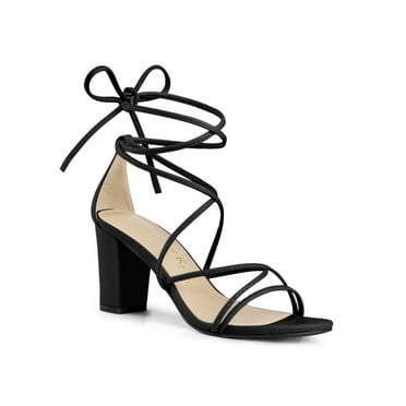 BLISSFUL STEP Women's Open Toe Lace Up Block Heel Strappy Straps Sandals Black 6