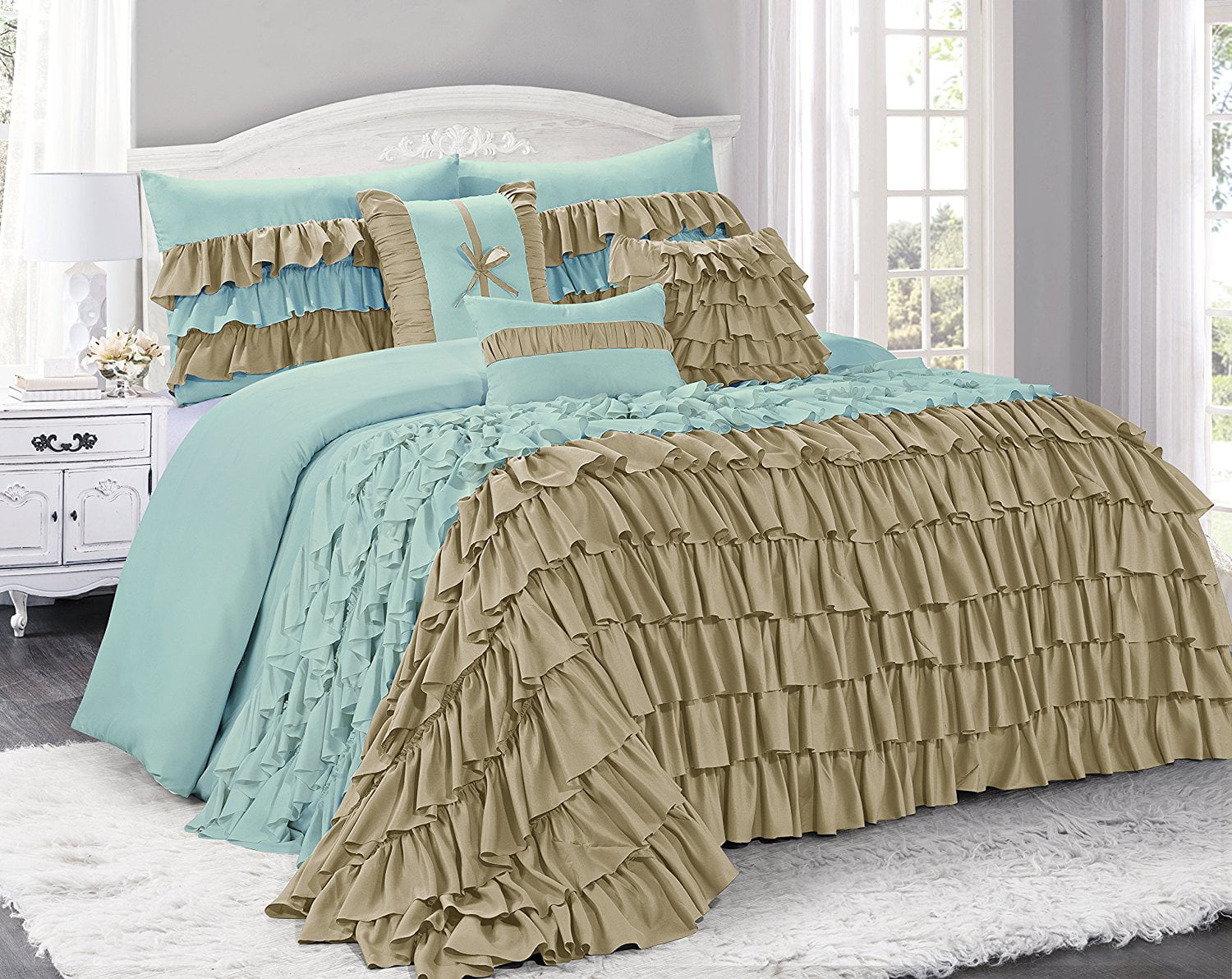 Unique Home 7 Piece BRISE Double Color Clearence Ruffled Comforter Set-Queen King Cal.King Size ...