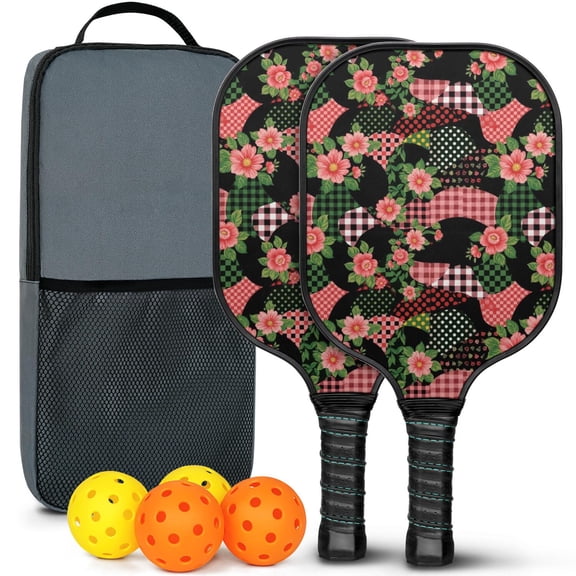 Pickleball Paddles Set,Pioneer Flower Floral Print Pattern Fiberglass Surface Pickleball Racket Set with 2 Indoor Outdoor Pickleball Balls and Pickleball Bag,Pickle-ball Equipment
