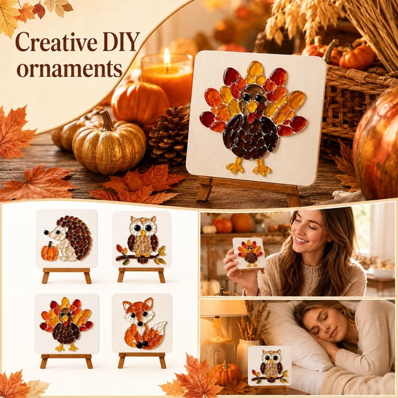 Seasonal Home Decor, Thanksgiving Sea Glass Wall and Tabletop Decor Making Set, Harvest Themed Fall Art Diy Craft Kit, 4X4 Inch Turkey Art with Small Display Easel, Complete Kit