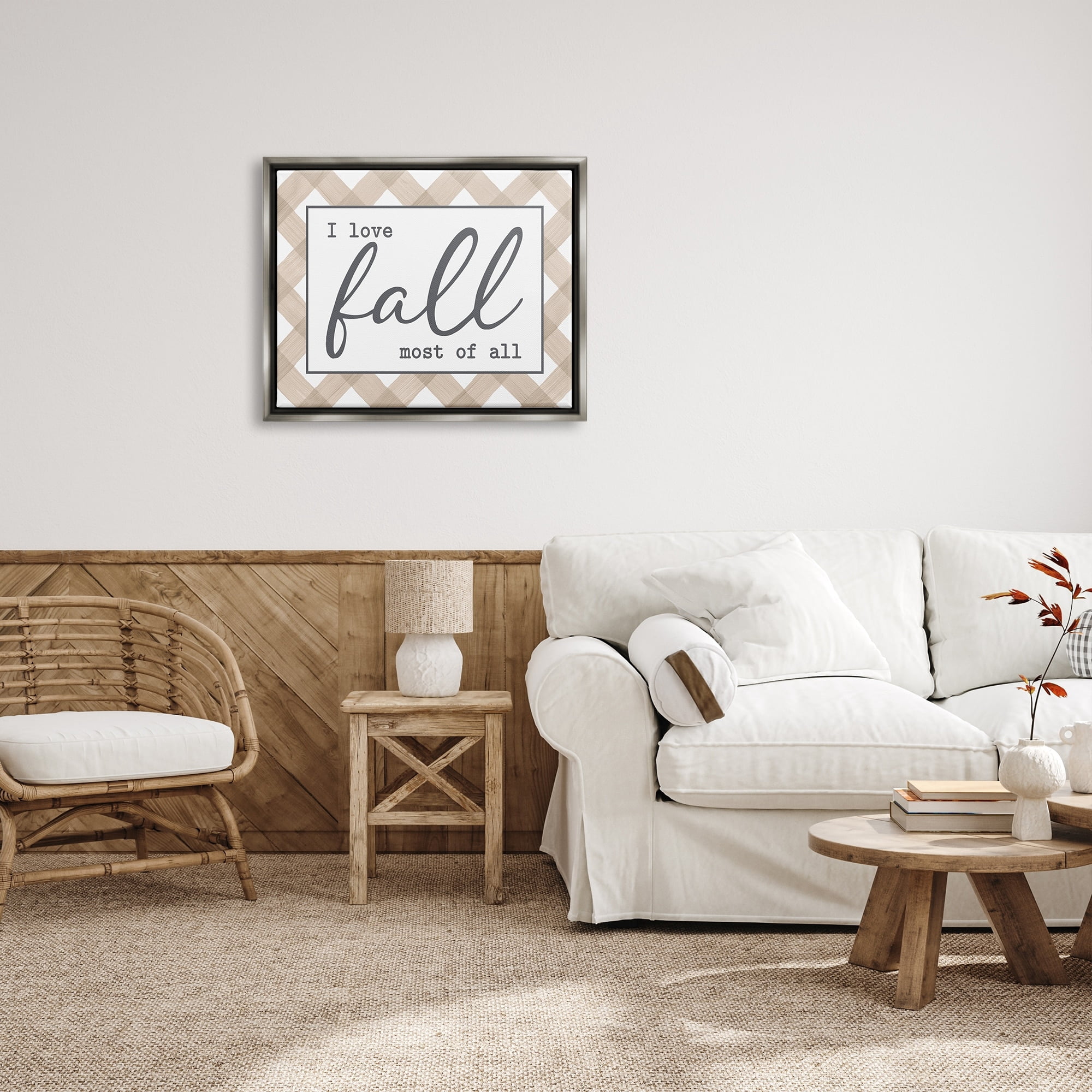 Stupell Industries Love Fall Most Of All Autumn Calligraphy Plaid Sign Graphic Art Luster Gray Floating Framed Canvas Print Wall Art, Design by Lettered and Lined