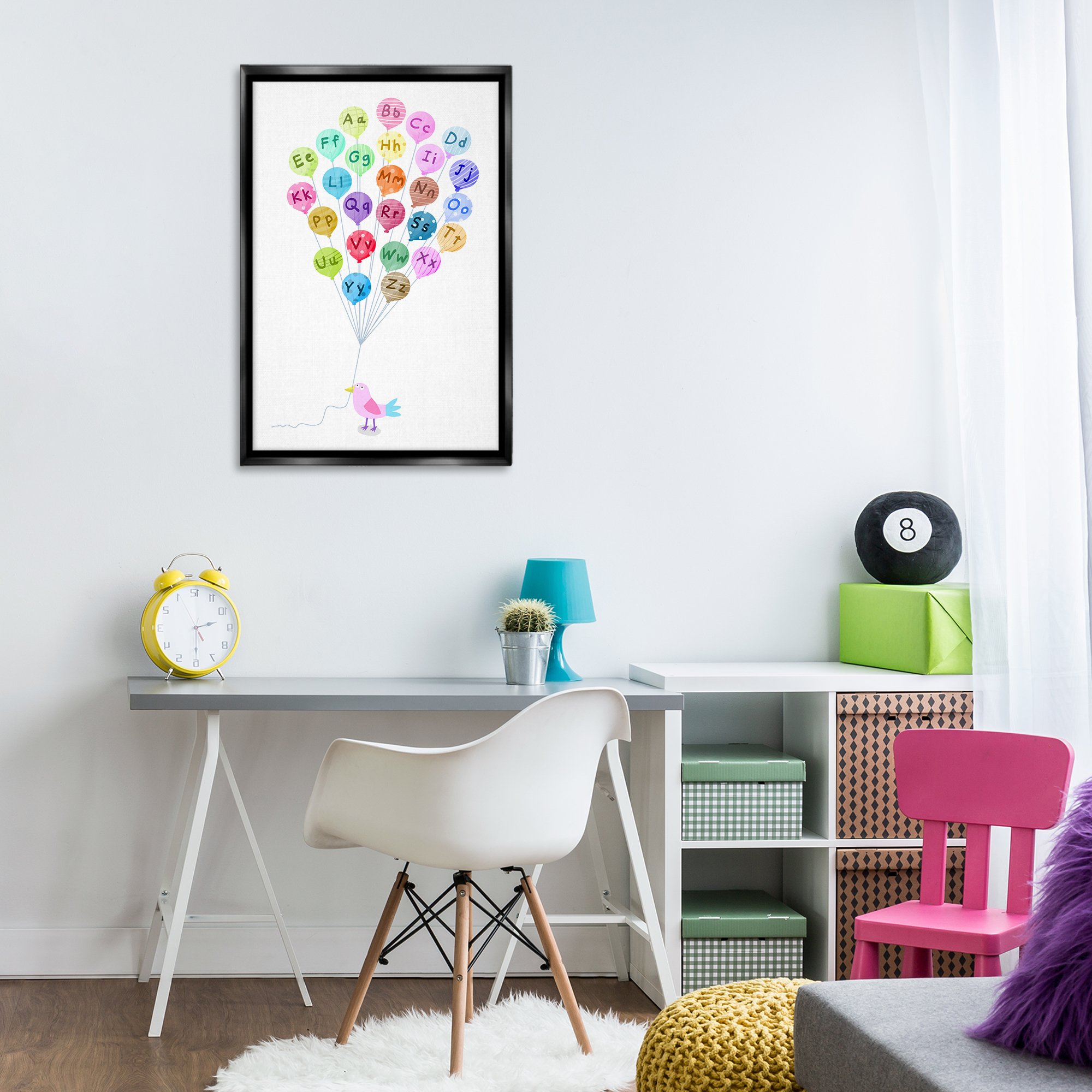Stupell Industries Bird & Alphabet Balloons Animals & Insects Painting Black Floater Framed Art Print Wall Art, 21 x 31