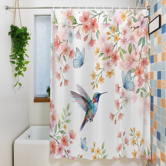 Shower Curtain, Watercolor Hummingbird Butterflies Waterproof Polyester Fabric Bath Curtain with Hooks for Bathroom Bathtub Stalls, Colorful Floral Pattern 72x72IN