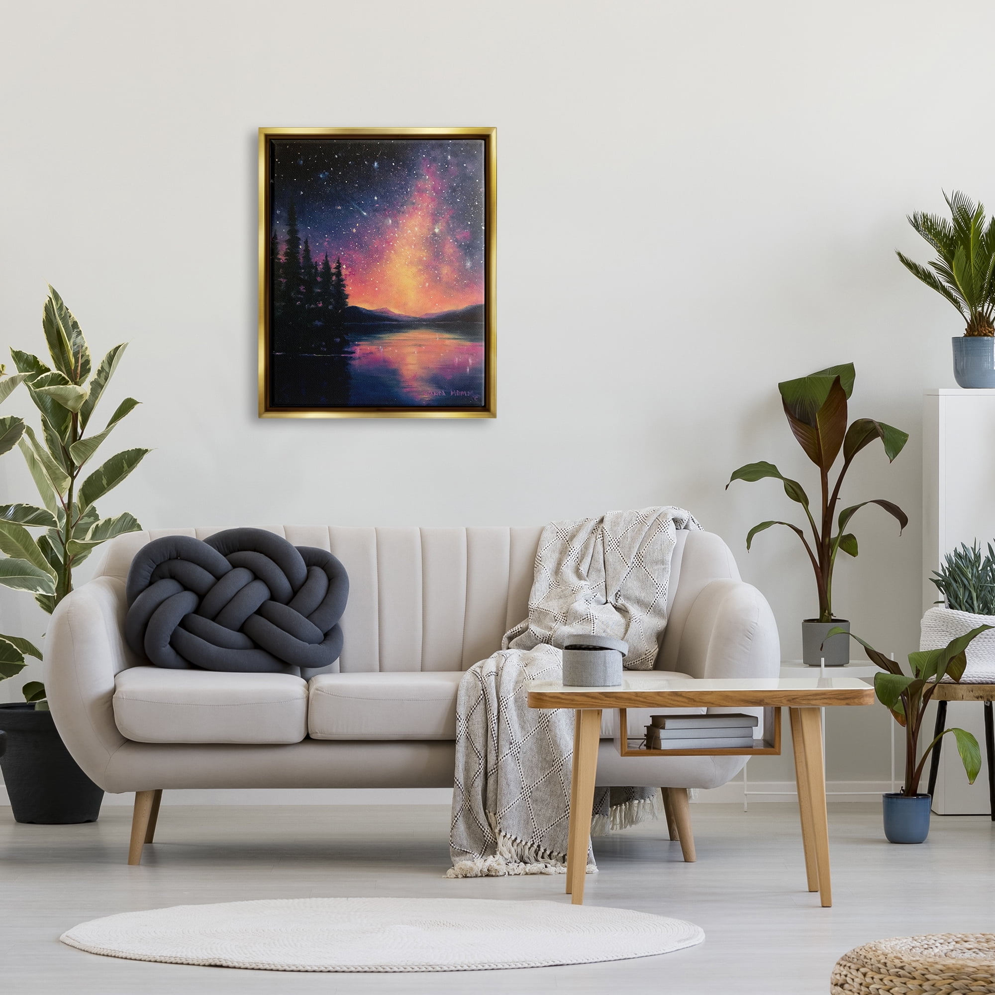Stupell Industries Starry Night Over Lake Nature Painting Gold Floater Framed Art Print Wall Art, 25 x 31