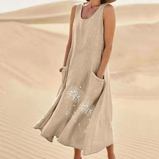 Qiopertar Nouvelle Robe Longue Sans Manches en Coton et Lin pour Femmes, Col Rond, Imprimée, en Solde, Livraison Gratuite, jusqu'à 90 % de Réduction