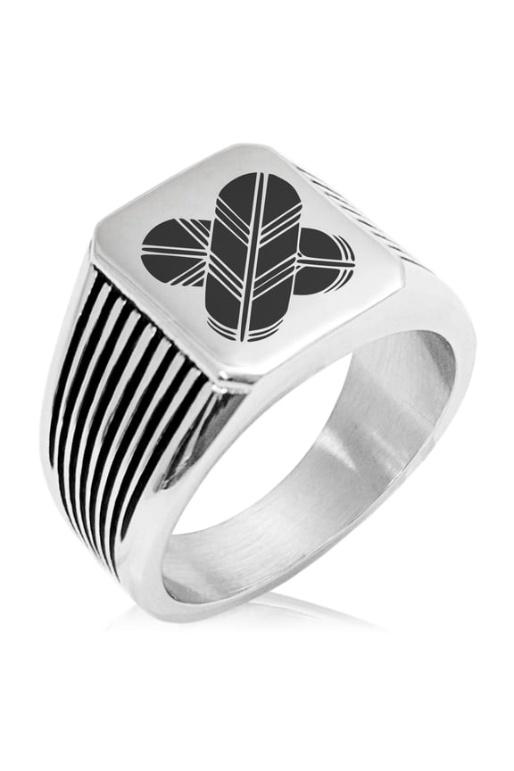 Stainless Steel Aso Samurai Crest Needle Stripe Pattern Biker Style Polished Ring