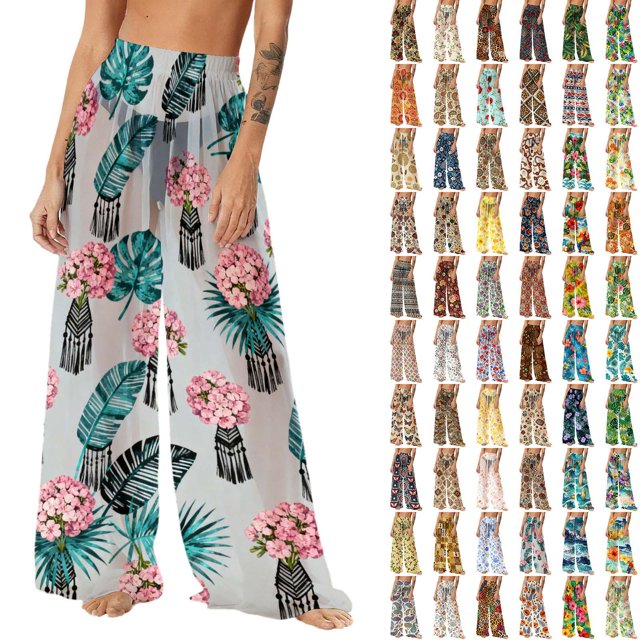 Pincandy Women See Through Sheer Mesh Pants Beach Swimsuit Bikini Bottom Cover up Party Club Elastic High Waist Wide Leg Pants