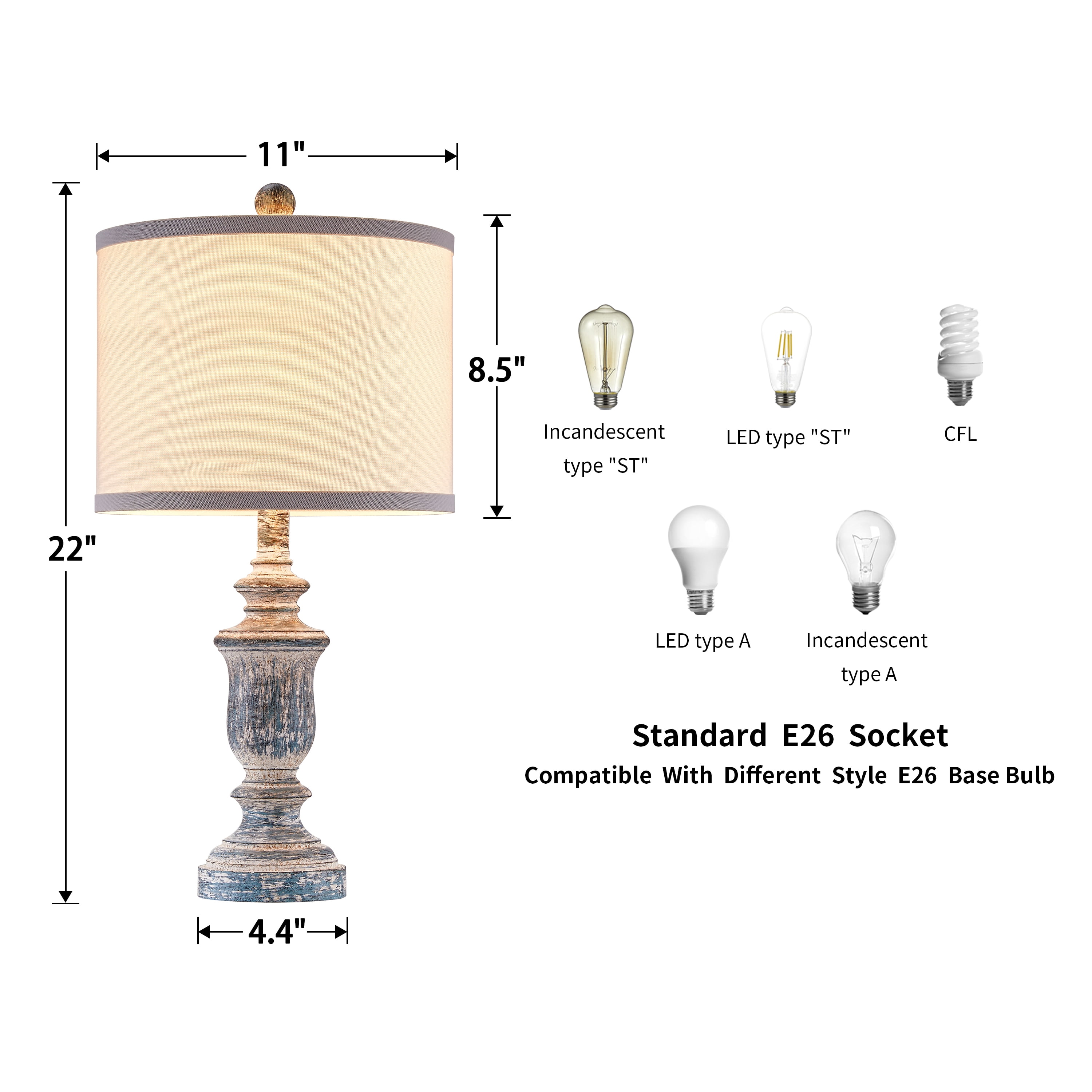 Kawoti  22" Rustic Table Lamp Set with Fabric Shade(Set of 2) - W11" * H 22"