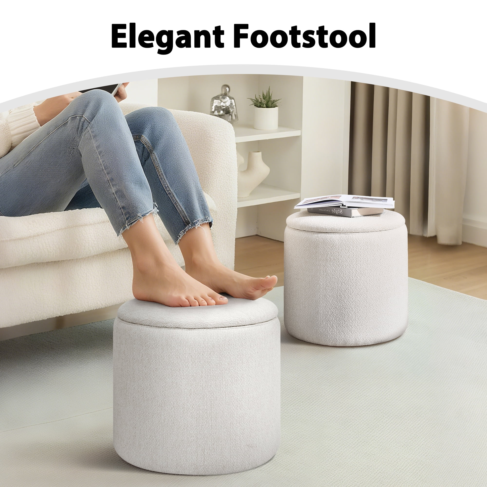 Aukfa 2-Piece Round Storage Ottoman Set,Chenille Coffee Table Footstool & Vanity Stool for Living Room/Bedroom/Entryway,Beige