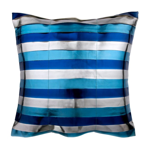 Fundas de cojín, funda decorativa de almohada azul a rayas, 35 x 35 cm (14 x 14 pulgadas), funda de almohada de piel sintética, funda de cojín cuadrada con pliegues azul metalizado, estilo moderno -