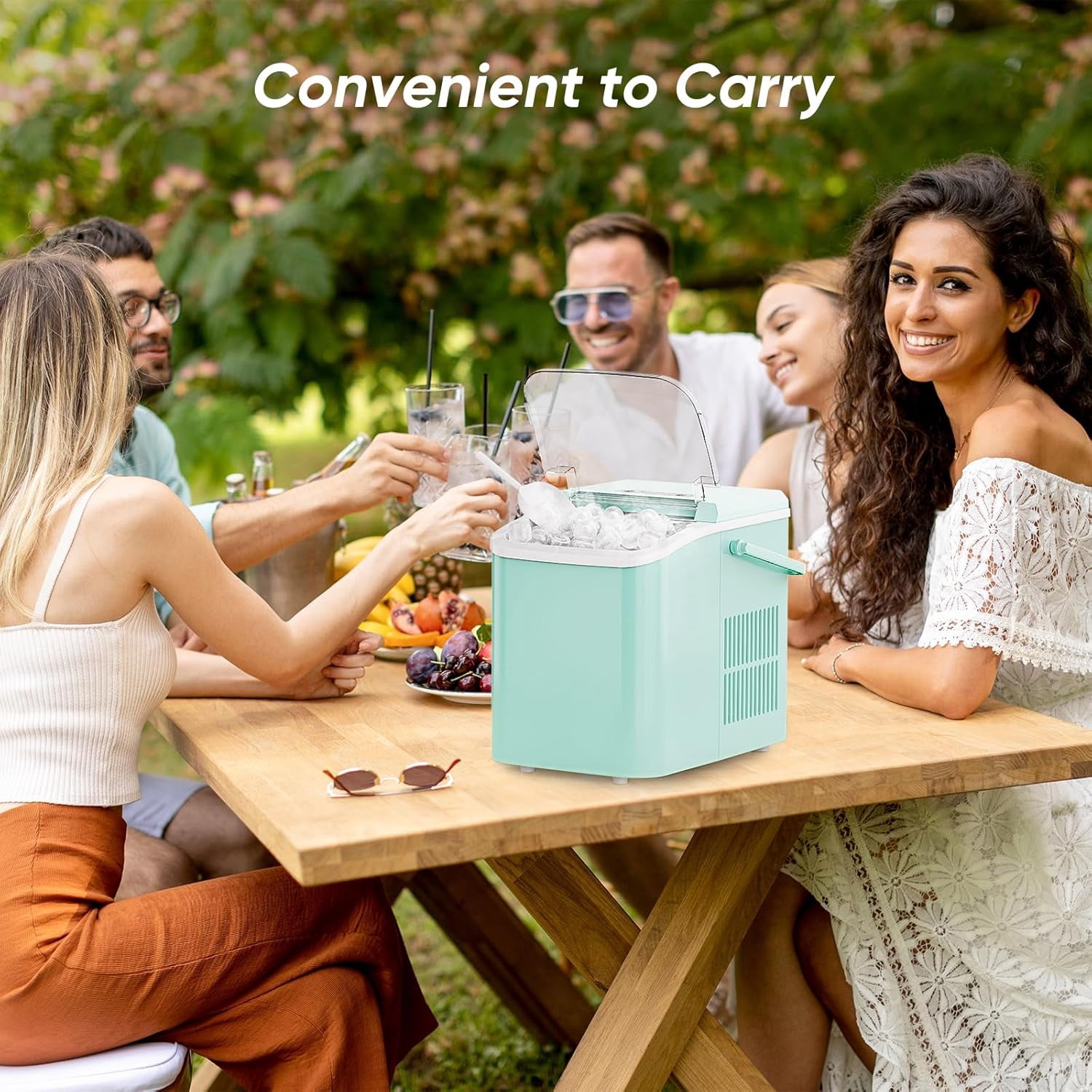Portable Ice Maker with Handle, 26lbs/24H Compact Ice Machine, 9 Bullet Ice Cubes Ready in 6 Minutes, Self-Cleaning, Quiet for Home Kitchen RV Camping, Pink