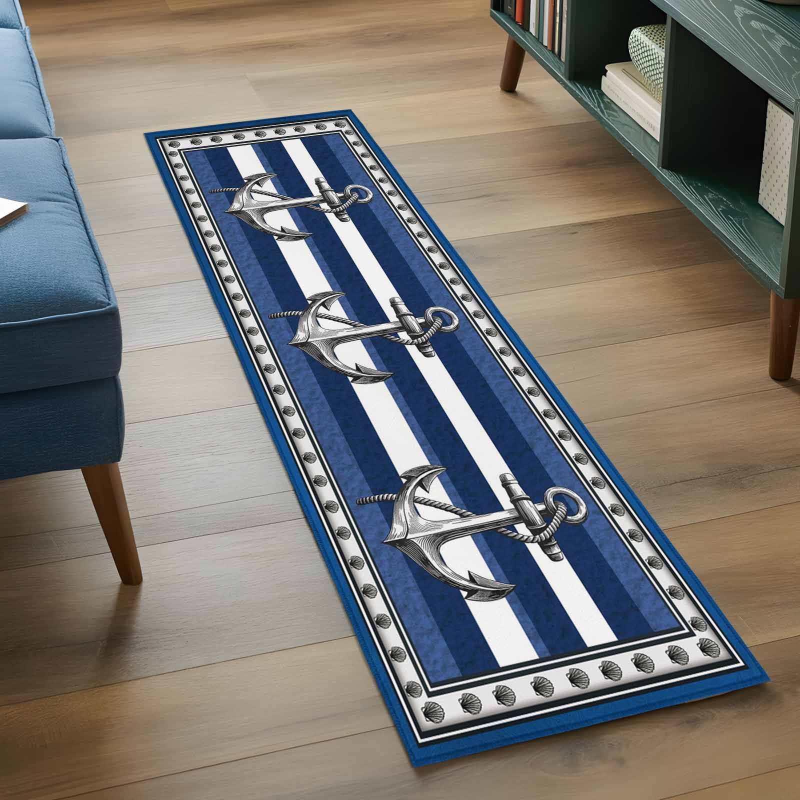 Runner Rugs 2x6 Ft, Navy Blue Anchor Non Slip Area Rugs for Kitchen Bedroom Entryway, Nautical Summer Beach Coastal Ocean Washable Carpet Runner Rug Floor Mats for Bedroom Home Decor