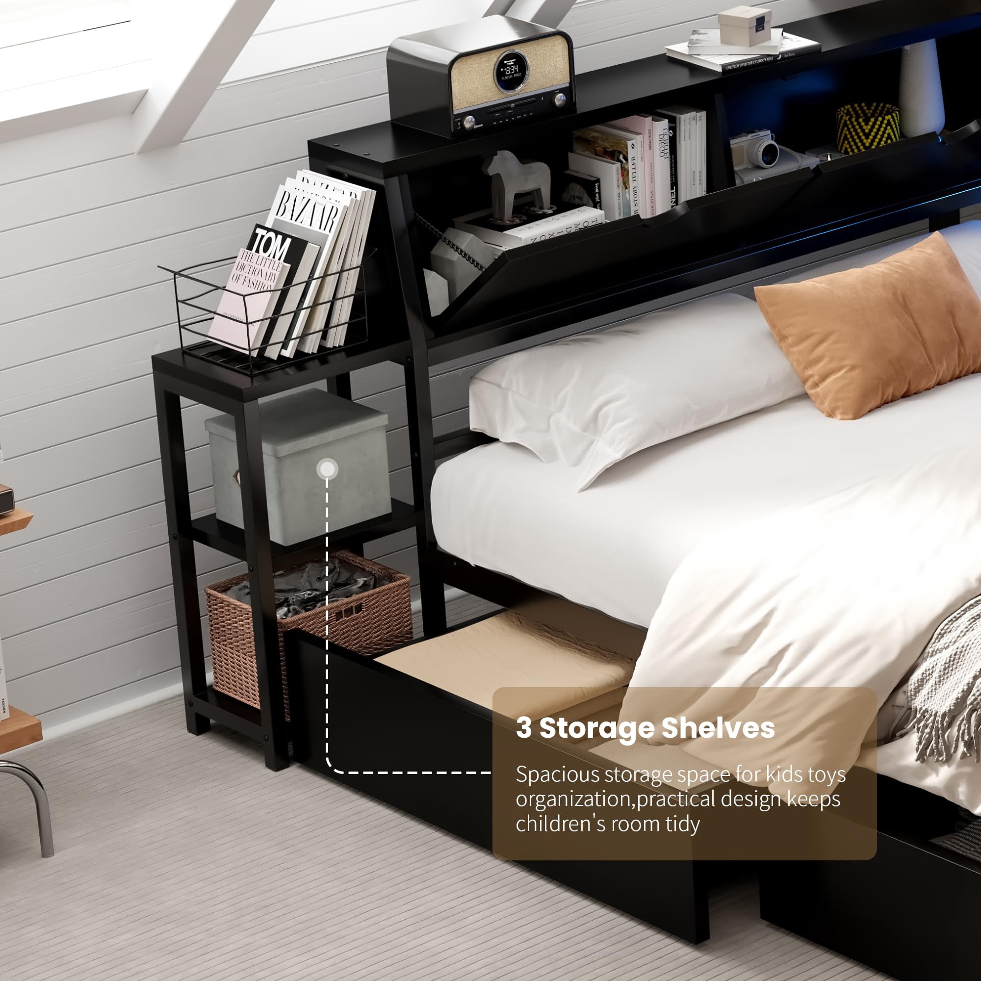 Miniyam Twin Size Daybed with LED Lights, Desk, Charging Station, Storage Drawers, Shelves and Flip-Up Headboard for Teens, Black