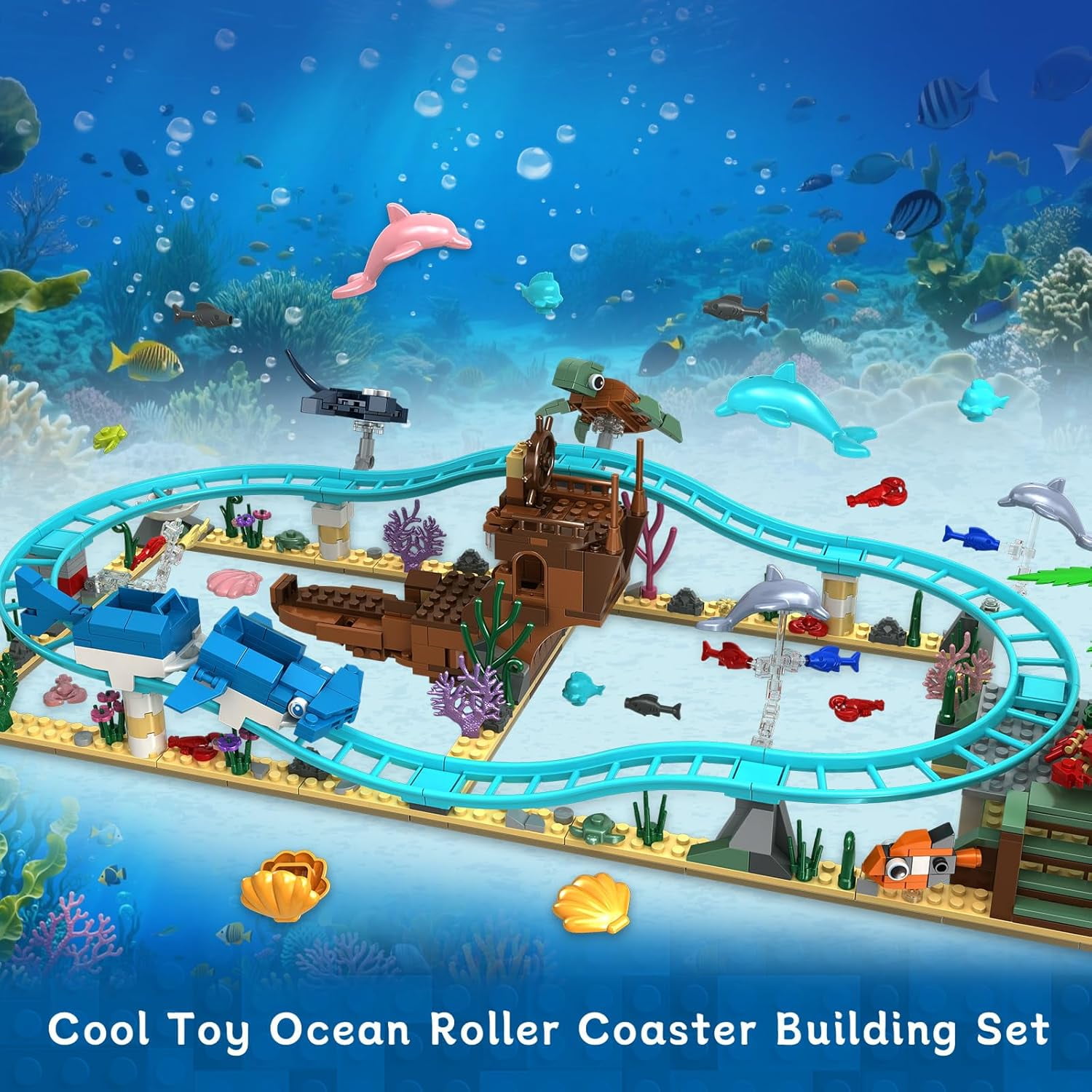 Ocean Roller Coaster, Explorer Ship Building Toy Set Compatible with Lego, Sea Animal Toys Gifts for Girls Boys with Transformations from Shark, Dolphin, Turtle, Fish building set